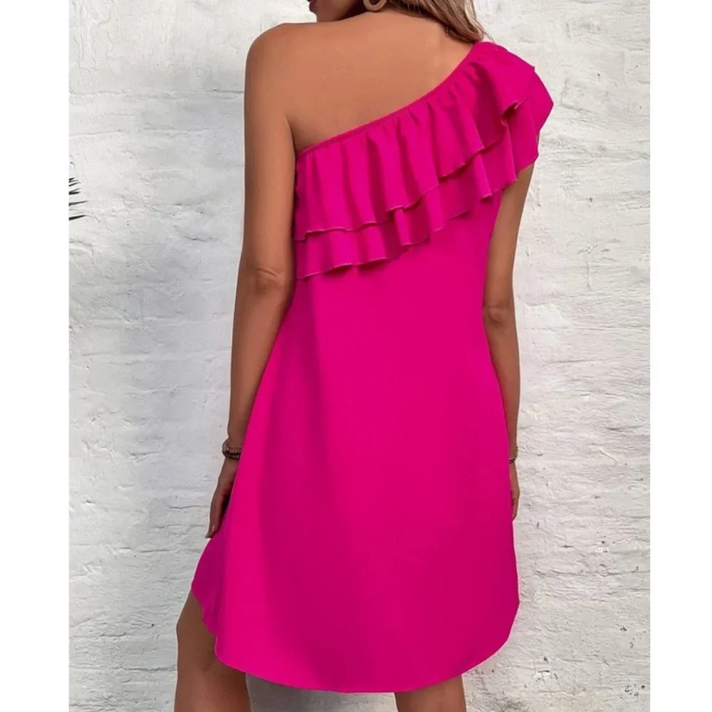 One Shoulder Ruffle Detail Tunic Mini Dress Vacation Hot Pink - Picture 3 of 8